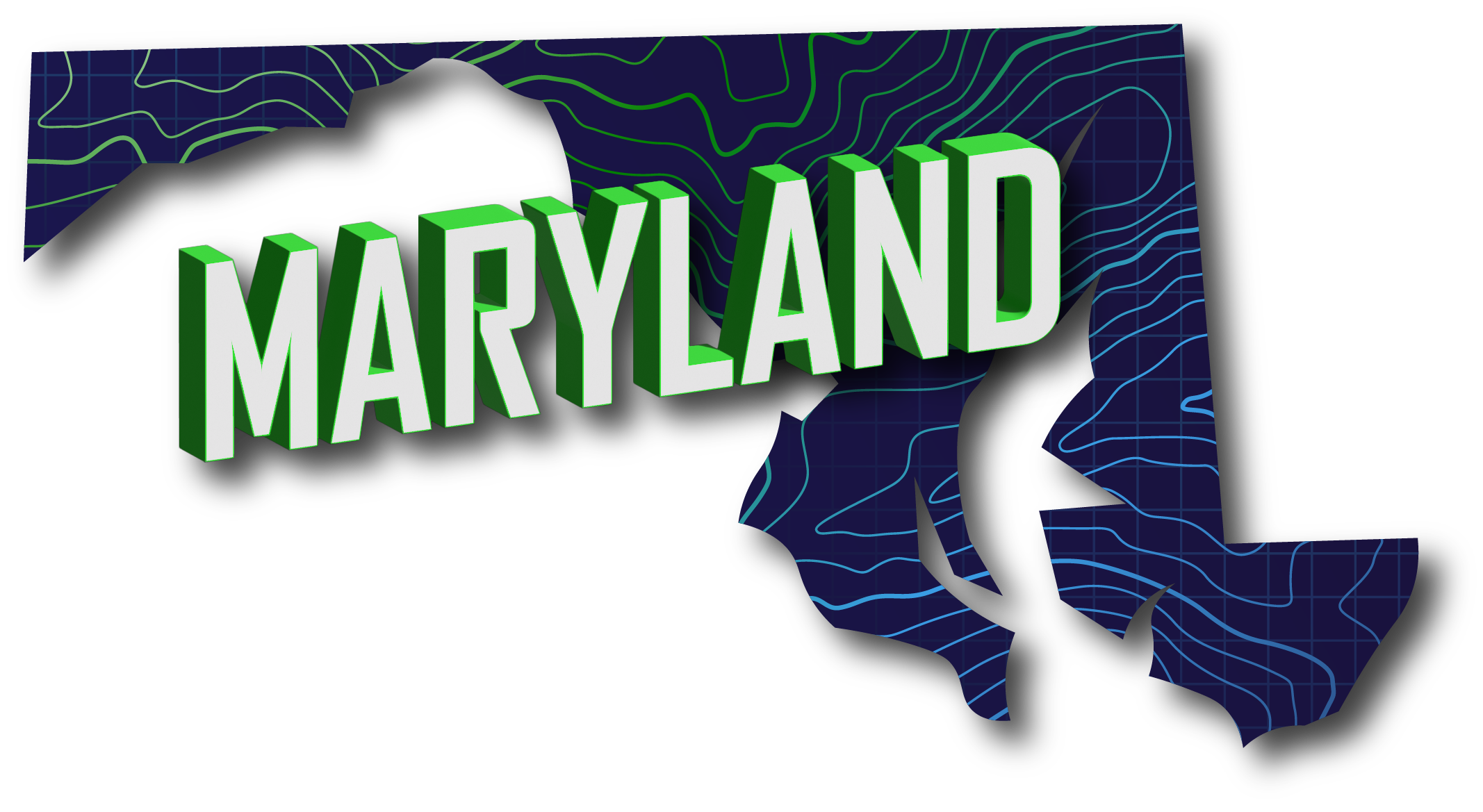 Shape of Maryland with topographic patterns and word MARYLAND written across it