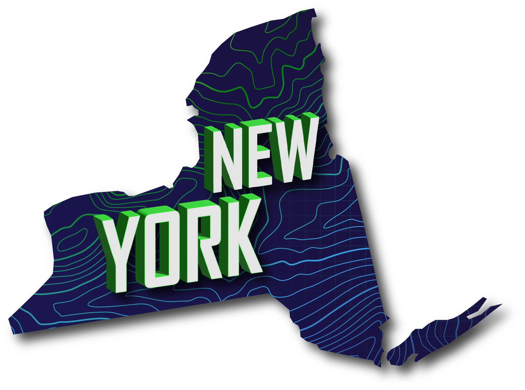 Shape of New York with topographic pattern and words NEW YORK written across it