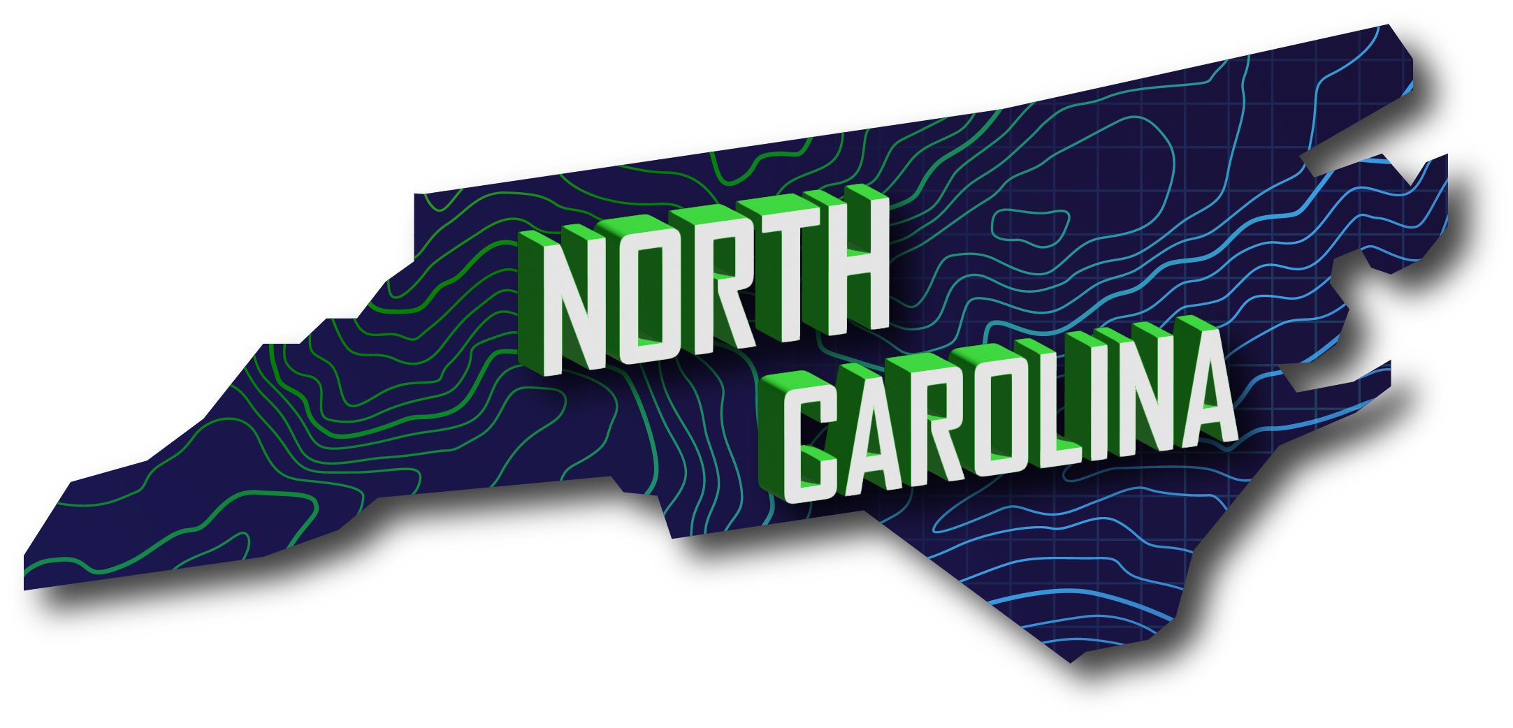 Shape of North Carolina with topographic pattern and words NORTH CAROLINA written across it