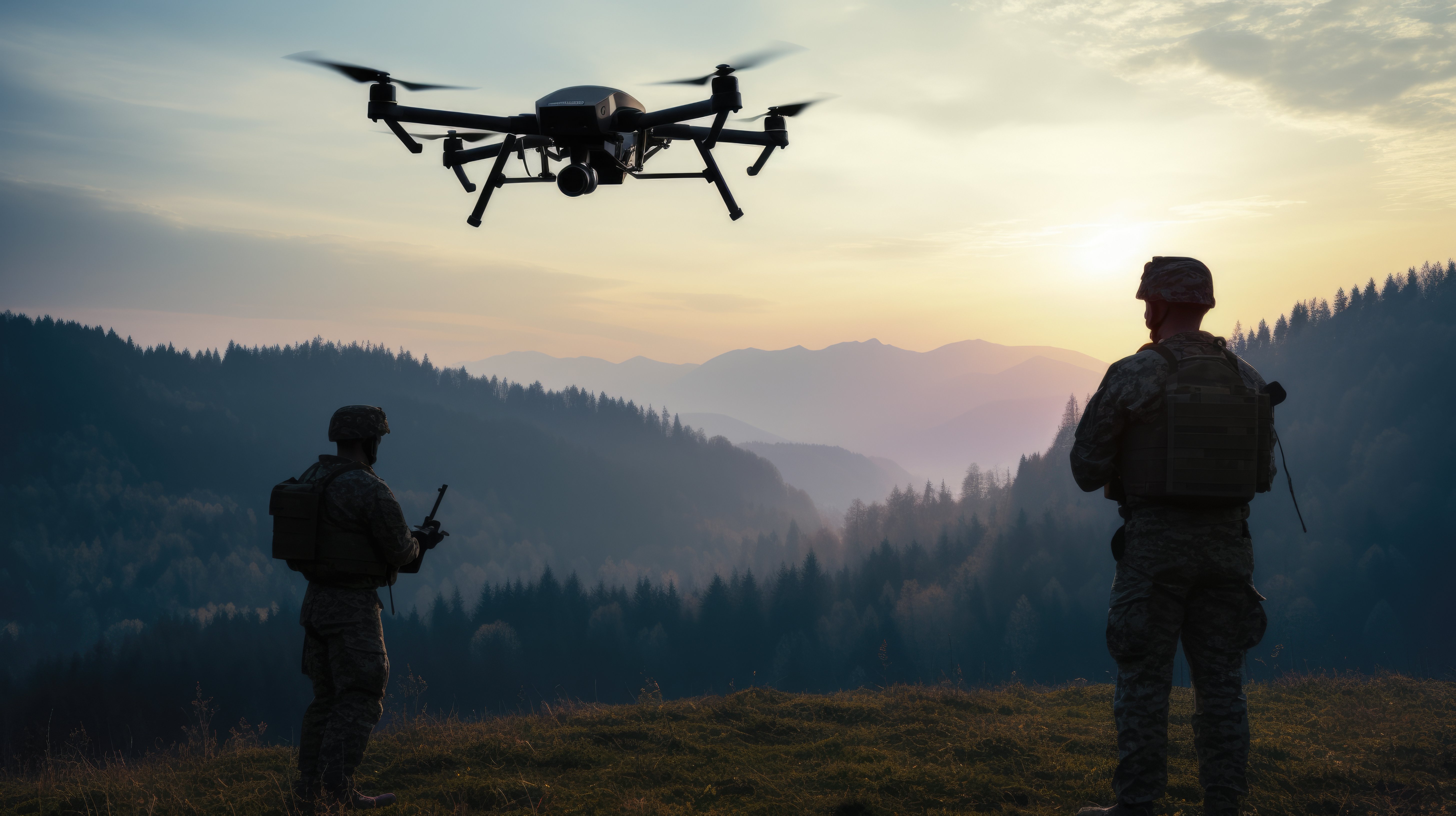 Two military personnel operate a small drone on a hill. Valleys and sunset in background.