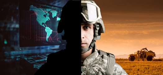 Military personnel - technology on left, mission on right.